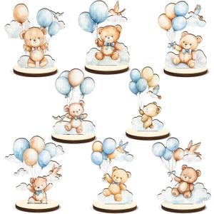 16 Pcs Wooden Baby Shower Table Centerpiece Blue Bear Tabletop Detachable Sign It's A Boy Gender Reveal Table Toppers Display Decoration Bear Birthday Photo Props Party Favor Supplies