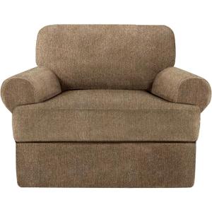 Jcones 2 Pieces T Cushion Chair Covers with Arms Super Stretch Chair Slipcover for Living Room Pet Dog Universal Slip Cover Anti Slip Armchair Furniture Protector (Brown, 1 Cushion)