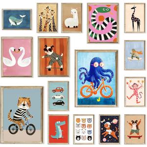Around 16 Pcs Cartoon Animal Canvas Wall Art Nursery Room Funny Animal Pictures Octopus Tiger on Bikes Dog Turtle Skateboard Posters for Toddler Baby Kids Bedroom Playful Nursery Playroom Decor