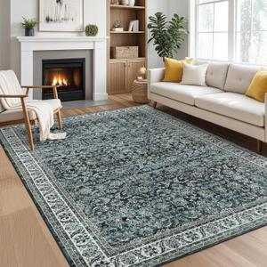 8x10 Green Area Rug, Vintage Floral Large Washable Rug for Living Room Soft Non-Slip Bedroom Rug Traditional Farmhouse Carpet for Dining Room Office Home