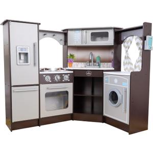 KidKraft Ultimate Corner Wooden Play Kitchen with Lights & Sounds, Play Phone and Curtains, Espresso, Gift for Ages 3+
