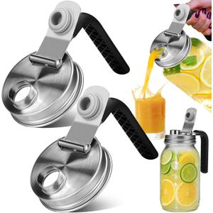 Mason Jar Pour Spout Lid Stainless Steel with Handle, Regular Mouth Pour Spout Flip Cap Lids for Mason Jars, Anticracking Leak Proof Seal Cover Airtight for Drinking Salad Dressing Food Storing(2PCS)