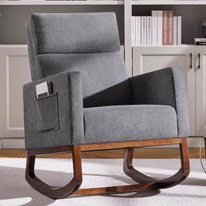 Yaheetech Rocking Chair, Upholstered Glider Chair with Side Pocket, Nursery Chair with High Backrest and Rubber Wood Legs, Rocking Accent Armchair for Living Room Bedroom Nursery, Gray