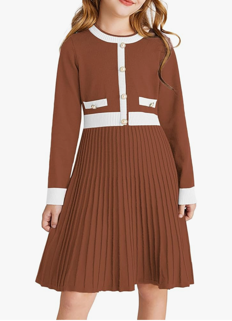 GRACE KARIN Girls Sweater Fall Dress Long Sleeve Knit A Line Contrast Casual Winter Dresses 12Y