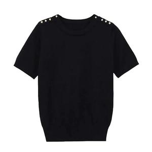 Women's Basic Solid Color Round Neck Pullover Knit Short Sleeve Sweater, M