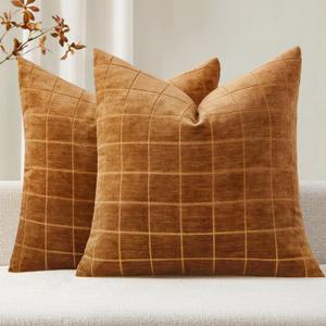 MIULEE Decorative Chenille Check Throw Pillow Covers Vintage Plaid Couch Pillows 18x18 Inch Set of 2 Neutral Boho Farmhouse Cushion Covers Modern Spring Home Decor for Sofa Bed Living Room Bronze