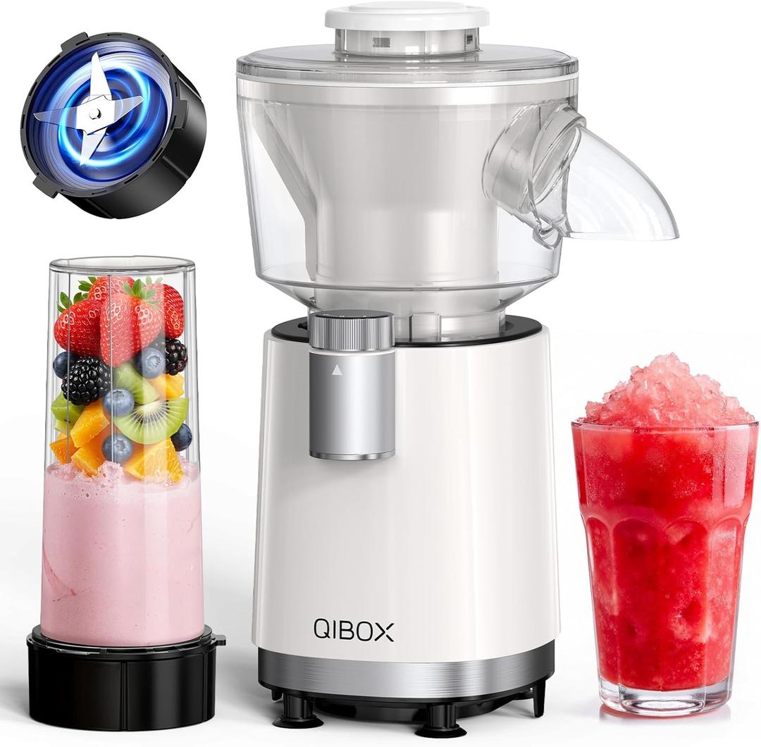 QIBOX Snow Cone Machine & Smoothie Blender 2 in 1, 700W Powerful Shaved Ice Machine Slushine Machine, Healthy Frozen Drink Maker with Stainless Steel Blade & Smoothie Recipe, for Home Kitchen Party (White)