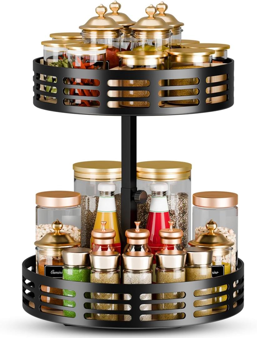 2 Tier Lazy Susan Organizer - 360 Rotating Spice Rack, Adjustable Industrial Spinning Spice Holder, Versatile Countertop Organizer for Cabinet, Pantry, Kitchen, Dining Table, Bathroom and Vanity