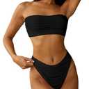 ZAFUL Women Strapless Textured Bandeau Bikini 2 Piece Swimwear Cheeky Solid Lace up Bathing Suits(1-Black Wave,M)