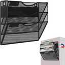3-Tier Magnetic File Holder, No Drilling Installation File Cabinet Organizer, Black Magnetic File Organizer, Magazine Rack, Magnetic Paper Holder for Refrigerator, File Cabinets, Whiteboard, Black