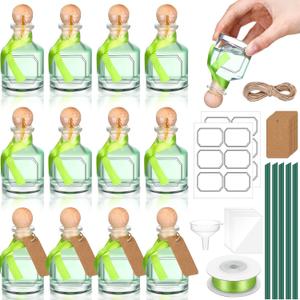 Baderke 12 Pcs 50 ml /1.7 oz Patron Shot Bottles Empty for Drinks Mini Tequila Shot Bottles Patron with Cork Lids Green Ribbon Reusable Glass Bottle for Weddings Birthday Party Favors DIY Crafts