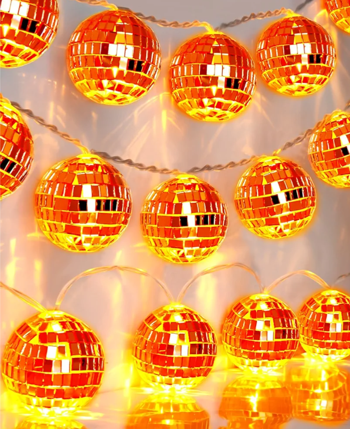 AceList Orange Disco Ball Decor 20 LED 9.8Ft String Light - Battery Powered and USB Plug, Fall Decor for 70's Party Decorations and Bachelor Birthday Parties, Mamma Mia