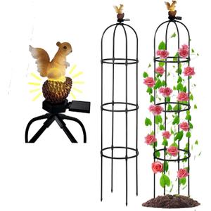 Garden Obelisk Trellis for Climbing Plants Outdoor, Rose Bush Round Trellis with Squirrel Head Auto Sensor Solar Light Tomato Plant Support for Raised Beds Vines Cucumbers Tomato Cage 59'' High,I Pack (Black)
