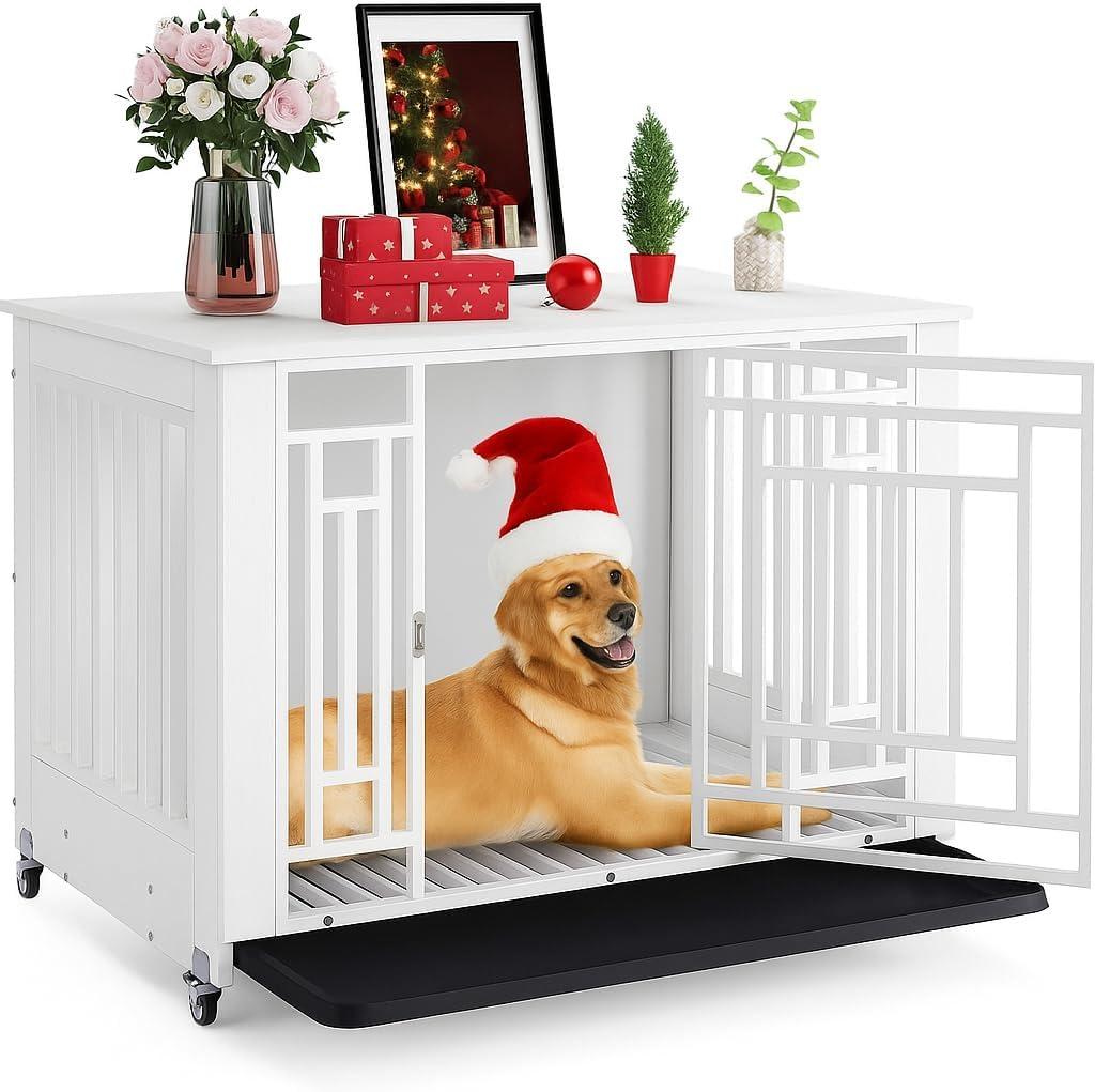 DWVO Dog Crate Furniture with Wheels, 38 Inch Dog Kennel Indoor Heavy Duty End Table Dog Crate for Large Medium Dogs, Decorative Wooden Dog Cage Table with Removable Tray, Chew-Resistant, White