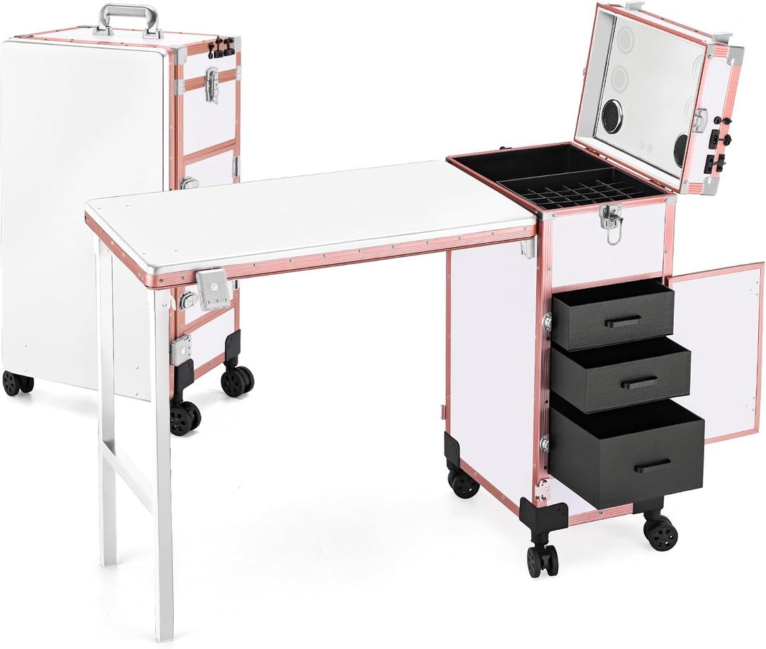 Portable Manicure Table 3 Drawers, Rolling Lockable Makeup Train Case with Blueteeth Speaker and Nail Polish Organizer, Foldable Nail Desk with Mirror & TSA Lock for Nail Tech and Salon Use, 15.3 X 10.8 X 30.8 Inches