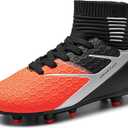DREAM PAIRS Boys Girls Soccer Cleats Youth Firm Groud Outdoor Sport Athletic High Top Football Shoes for Little/ Big Kid, Size 2 Little Kid, Black/ Grey/ Orange 