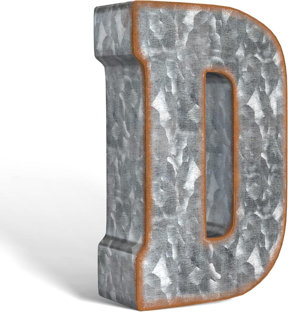 CraftyCrocodile 7" Galvanized Metal Letters for Wall Decor - 3D Letter D for Hanging & Free Standing - Decorative Rustic Alphabet Letters for the Living Room, Bedroom, Kitchen