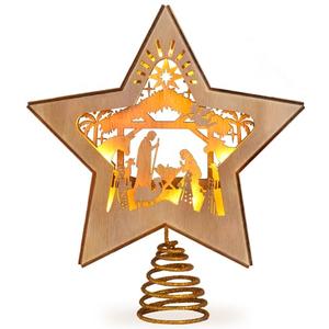 GHOSTMAGIC 3D Wooden Nativity Christmas Tree Star Topper Lighted, LED Xmas Decor Ornaments for Indoor