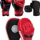 3-in-1 Boxing Gloves and Punching Mitts Set for Kids, Sports Boxing Gloves Boxing Pads with Hand Wraps, Kids Boxing Equipment Set for MMA, Karate, Muay Thai, Taekwondo (Red 6oz)