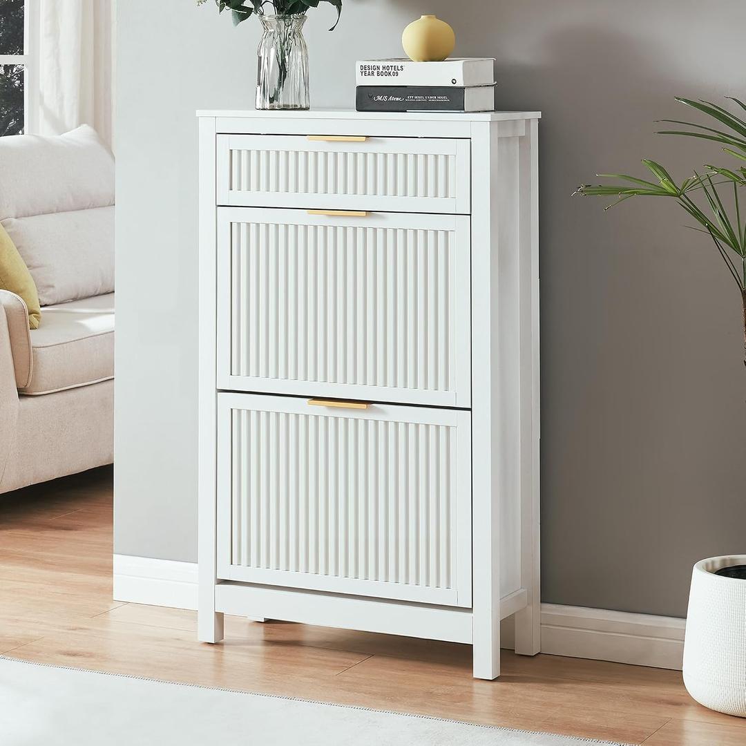 2 Flip Drawers Shoe Cabinet Storage for Entryway, Narrow Shoes Organizer Cabinet for Front Door Entrance, Free Standing Hidden Wooden Hallway Shoe Rack(White), Medium