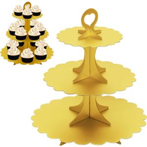 Matte Gold Cupcake Stand, 3-Tier Heart Handle Cardboard Dessert Display Tower, Perfect for Wedding Birthday Party Decorations, Gold 2 Pack