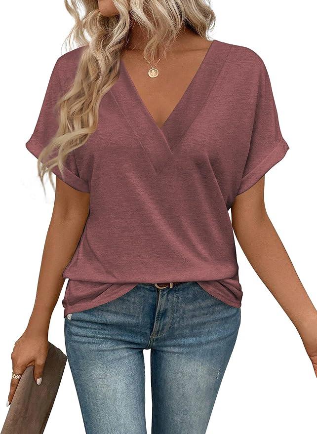 T Shirts Short Sleeve V Neck Tees Womens Tops Beach Vacation Fashion Clothes 2025 Casual Summer Spring Fall Outfits, 2XL