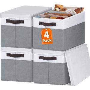 Large Closet Storage Baskets Bins with Lids 4 Pack, Storage Baskets for Organizing Shelves Nursery Bedroom, Home Dorm Closet Organizers Cubes for Clothes Toys Blanket - Stackable & Sturdy -14x10x9.5 (White with Grey)