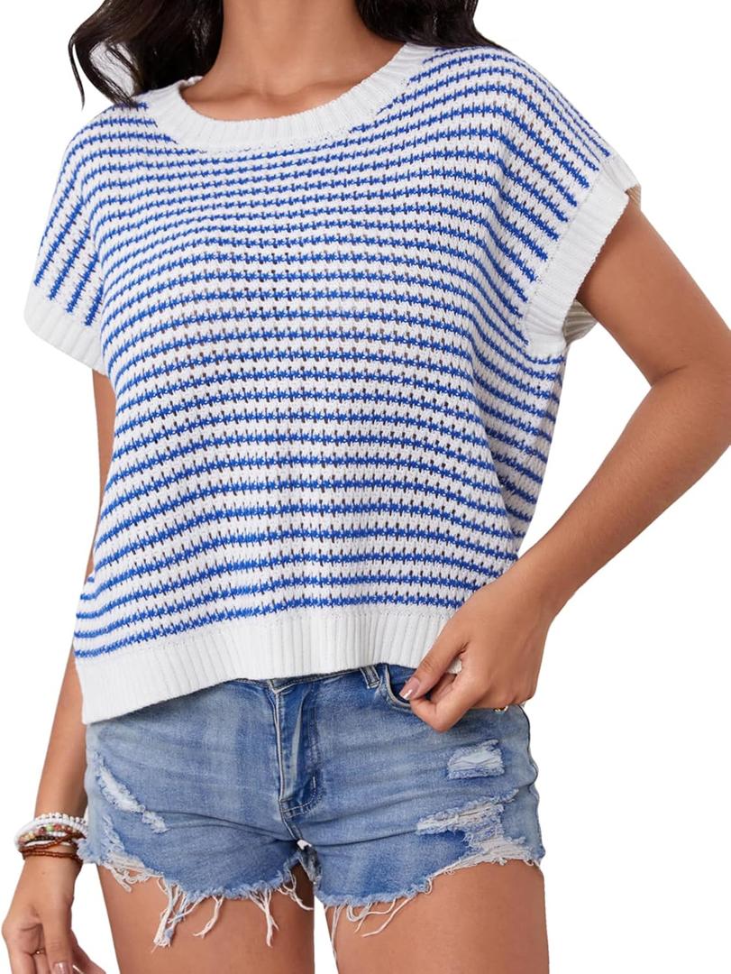 Milumia Women's Striped Short Sleeve Sweater Vest 2025 Summer Cap Sleeve Pullover Tank Top (Large, White and Blue)