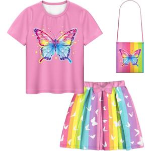 LQSZ Girls Outfit Summer Party Dress T-Shirt Skirts With Bag 3-Piece Set Back to School TuTu for Toddler Kids 4-12Years (Pink)