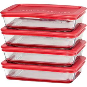 Anchor Hocking SnugFitTM Rectangular Food Storage Containers with Lids (4-Piece, 3-cup, Red, oven-safe)
