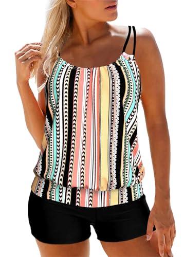 MODLILY Tummy Control Tankini Swimsuits for Women, Lightweight Two Piece Bathing Suits, Blouson Top with Boyshorts XXL