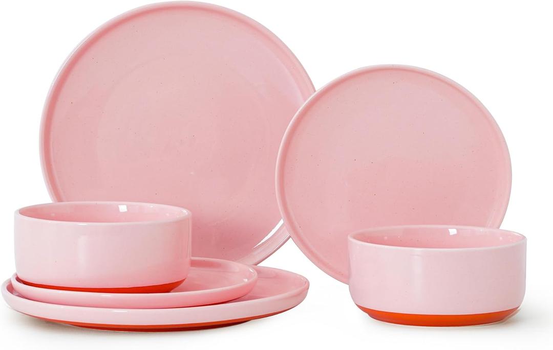 6 Piece Dinnerware Set, Dual Glaze Stoneware Plates and Bowls Sets, Modern Dinner Plate, Salad Plate, Cereal Bowl, Dish Set for 2, Microwave and Dishwasher Safe, Pink