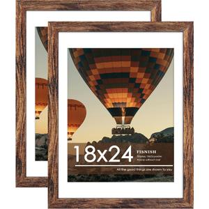 18x24 Picture Frame Brown 2 Pack, Display Pictures 16x20 with Mat or 18 x 24 Without Mat, Classic Poster Frame for Horizontal or Vertical Wall Mounting