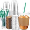 Baderke 25 Set Plastic Cups with Lids and Straws and Cup Sleeve, Disposable Plastic Iced Coffee Cup for Cold Beverage Juice Smoothie Crystal for Coffee Shops Party Catering (16 oz)