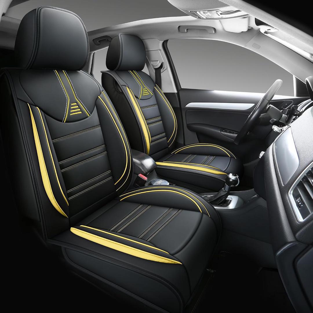 Yeleno02 Leather Car Seat Covers 5 Seats Front & Rear Seat Protector Full Set Universal Fit, Airbag Compatible (Black&Yellow)