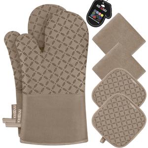 KEGOUU Oven Mitts and Pot Holders 6pcs Set, Kitchen Oven Glove High Heat Resistant 500 Degree Extra Long Oven Mitts and Potholder with Non-Slip Silicone Surface for Cooking (Khaki)