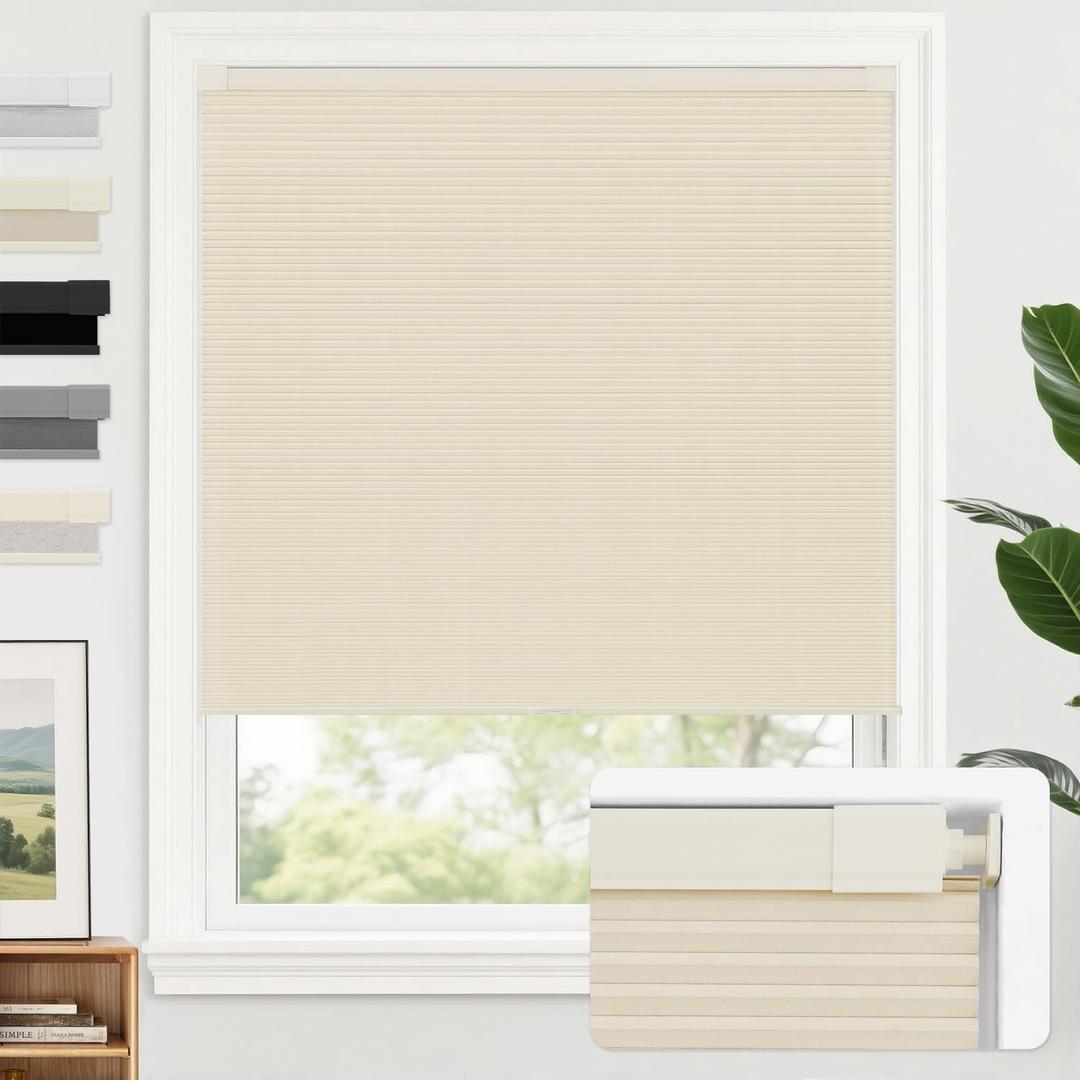 AOSKY 100% Blackout No Drill Cellular Shades Blinds for Indoor Windows, No Tools Thermal Insulated Black Out Cordless Honeycomb Blinds for Bedroom Living Room Window, 21" W x 48" H, Beige