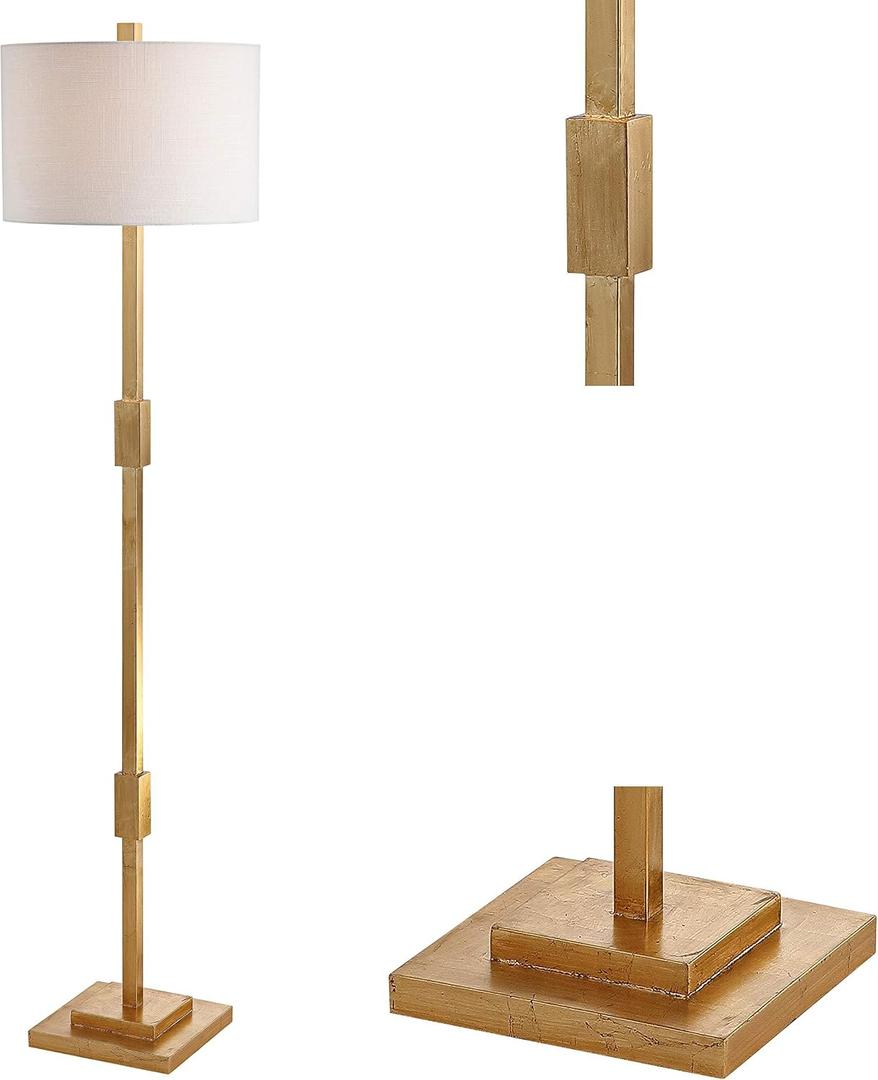 JONATHAN Y 61.5" Gold Leaf Geometric LED Floor Lamp, Contemporary Metal Column Standing Light for Living Room Bedroom, White Linen Drum Shade, LED Bulb Included, UL Listed JYL3063A
