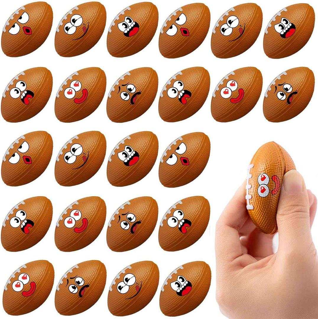 24 Pack Football Stress Balls with 6 Funny Faces - 1.57 Inch Mini Squishy Football Party Favors, Goodie Bag Stuffers, Classroom Treasure Box Prizes, Teen Anxiety Relief Toys & Kids Birthday Gifts