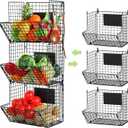 X-cosrack Metal Wire Basket Wall Mount, 3 Tier Wall Storage Basket Organizer with Hanging Hooks Chalkboards, Rustic Kitchen Fruit Produce Bin Rack Bathroom Tower Baskets (Black)