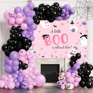 MEHOFOND Halloween Little Boo Baby Shower Decorations for Girl, a Little Boo is Almost Due Baby Shower Banner Decorations, Pink Black Purple Balloon Garland Kit, Ghost Pumpkin Halloween Party Decor (Pinlk)