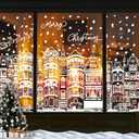 DIYDEC 15.1 * 27.3'' Large Christmas Window Clings 4Pcs Xmas White House Window Stickers for Glass Double Sided Winter Town Decals for Holiday Home Shop Decoration