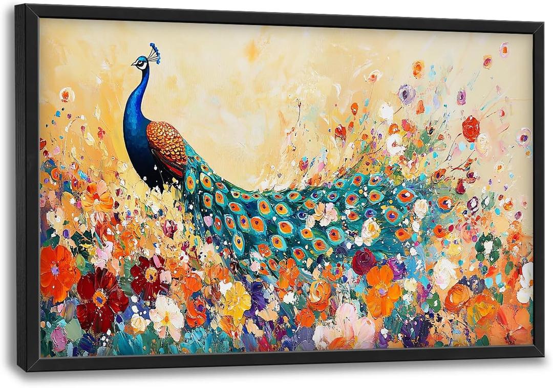 Large Peacock Framed Wall Art Peacock Floral Canvas Wall Decor Pictures Print Painting Artwork Modern Home Decorations for Living Room Bedroom Office 36 x 24 inch