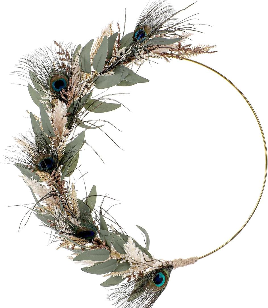 Boho Wreath for Front Door - 12 Inch Peacock Feather Wreath for Farmhouse All Season Home Decor, Hanging Wreaths with Green Leaves for Porch Wall Indoor Window