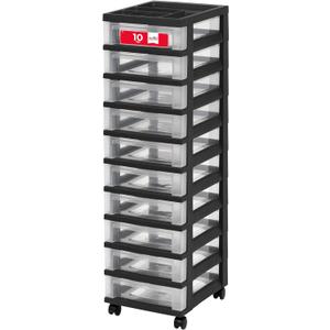 IRIS USA Plastic Drawer Storage Organizer Rolling Cart with Wheels Casters 10-Drawers for Classroom Art Craft Supplies Dresser Closet Bathroom Laundry Room Black/Clear