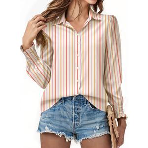 Yousify Womens Puff Long Sleeve Button Down Shirts Striped Casual Loose Fit Blouse Trendy Fall Tops (Orange)