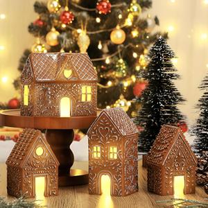 Thyle 4 Pcs Christmas Lighted Gingerbread House Decoration Resin House Village Figurine with Led Lights Rustic Gingerbread Xmas Village Home Decor for Christmas Indoor Holiday Party Decor