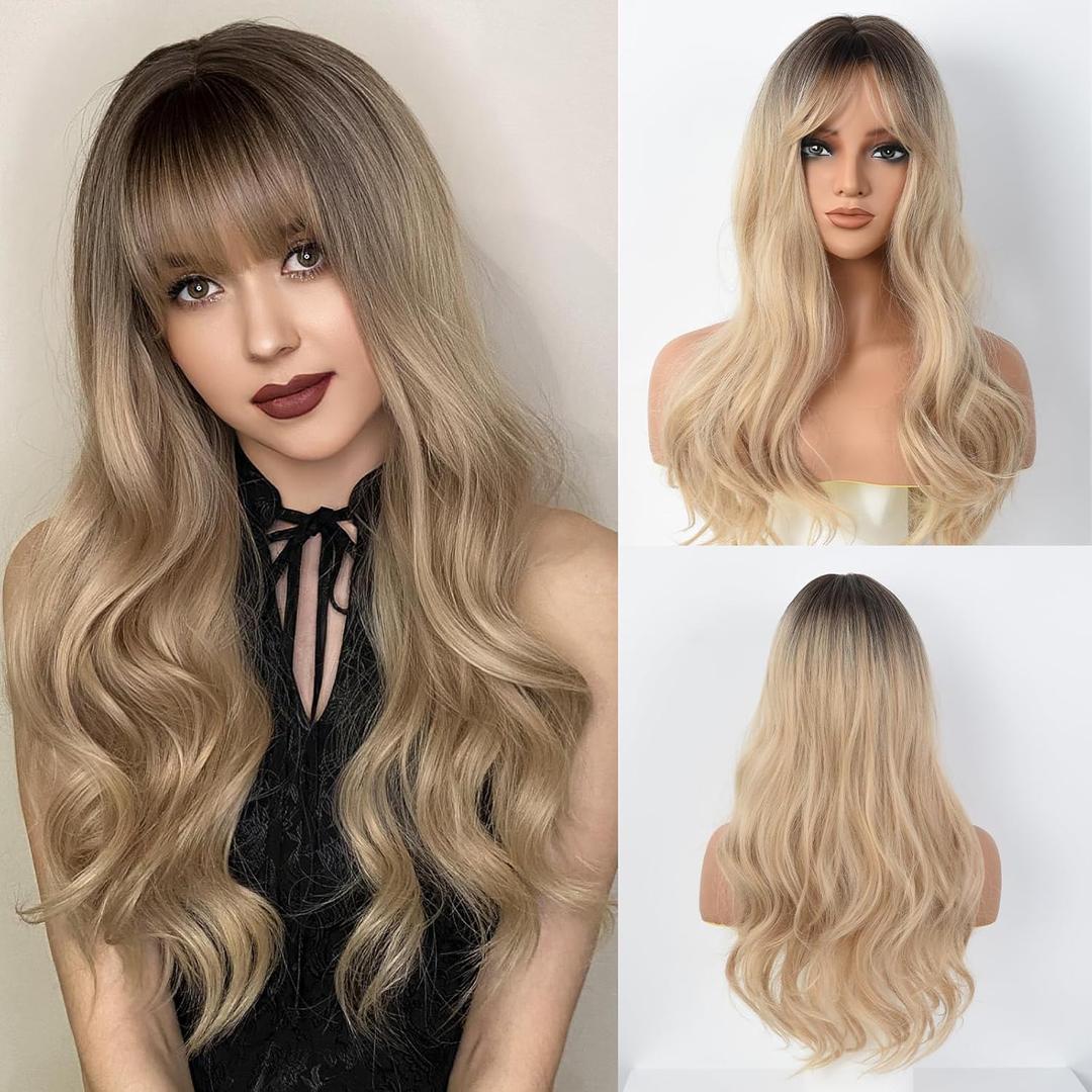 Long Wavy Blonde Wig With Bangs - 26 Inch Long Wavy Blonde Wig with Bangs for Women - Natural Looking Heat Resistant Synthetic Wig for Daily Party Use