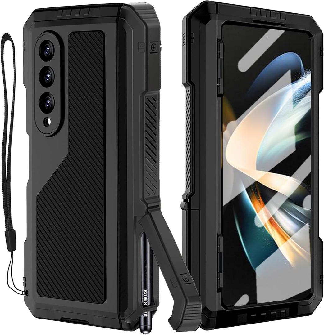 for Samsung Galaxy Z Fold 4 Metal Case with S Pen Holder, Military Rugged Heavy Duty Z Fold4 Case Built in Screen Protector Full-Body Drop Protection Kickstand Phone Case for Z Fold 4 - Black