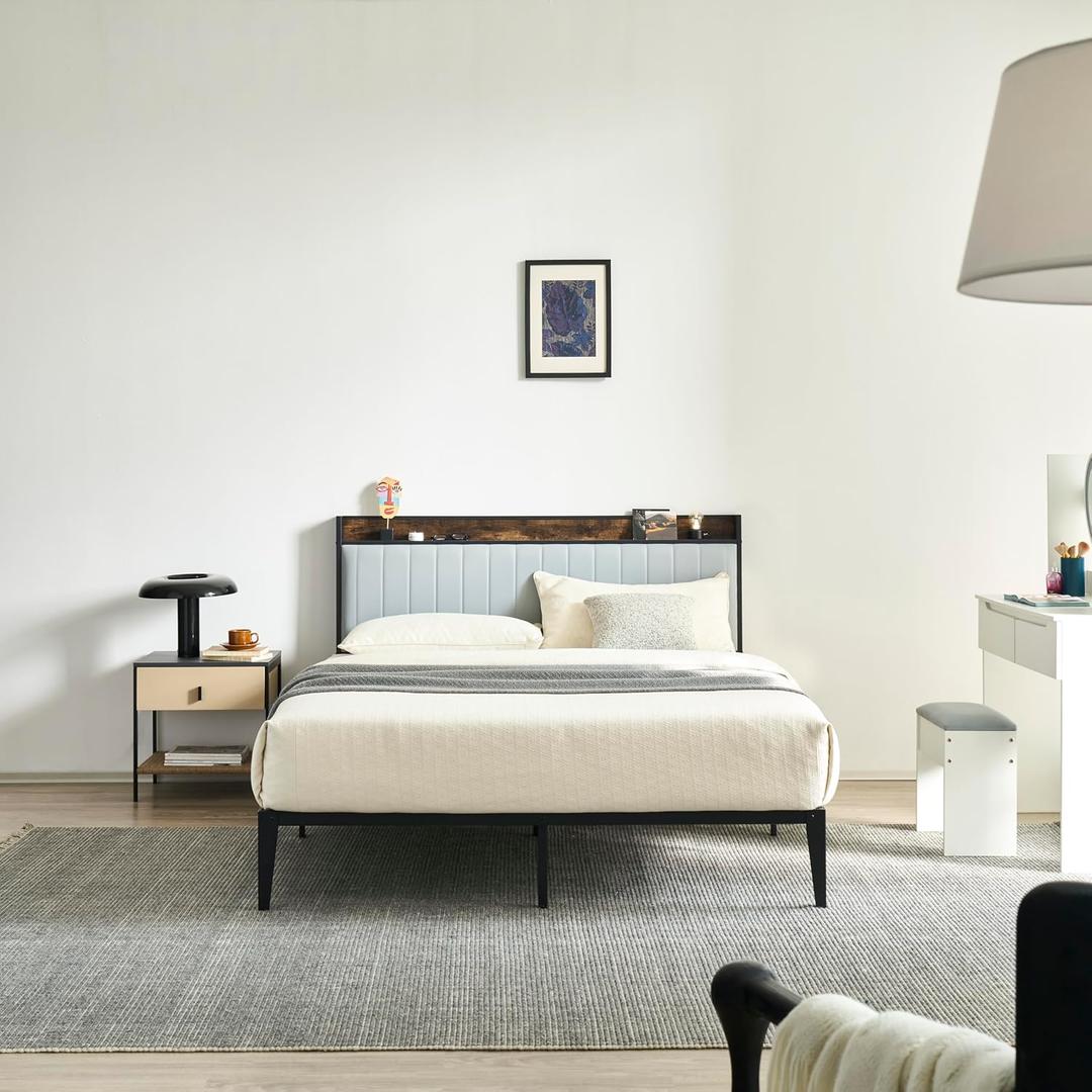 Elevon Queen Size Metal Bed Frame with Fabric Upholstered Headboard, Non-Slip Without Noise, Easy Assembly, Grey